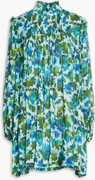 Pintucked floral-print woven mini dress