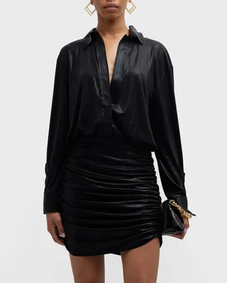 Vegan Leather Shirred-Skirt Mini Dress