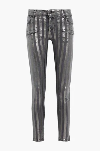 Metallic striped low-rise skinny jeans