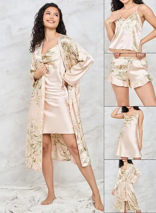 Pack of 4 - Satin Floral Cami, Slipdress, Robe & Shorts
