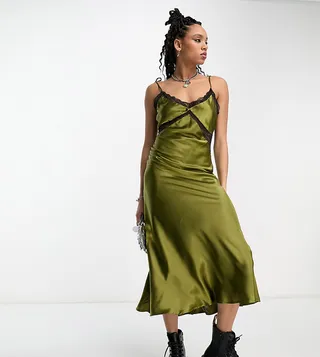 Reclaimed Vintage satin slip midi dress in khaki with black lace