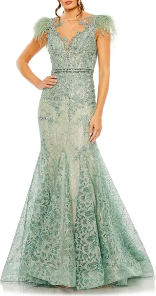 Illusion Sequin Lace Feather Sleeve Mermaid Gown