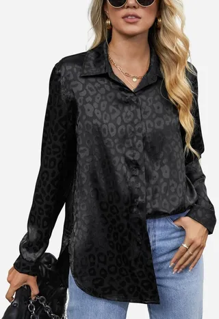 Women's Leopard Print Satin Shirt - Cupshe -Black-S