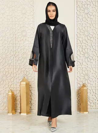 Beaded Embellished Mesh Insert Button Closure Abaya