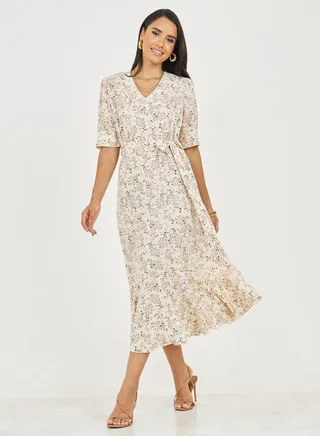 Ditsy Floral Print A-Line Midi Dress with Self Tie Up