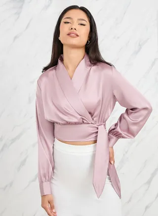 Satin Collared Long Crop Wrap Top