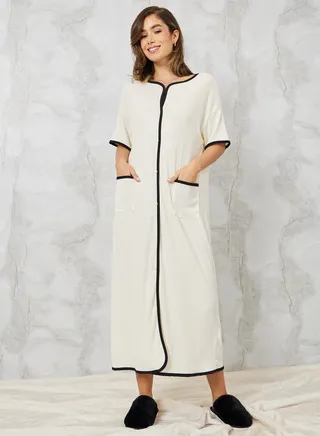 Rib Contrast Edge Button Closure Nightshirt Dress