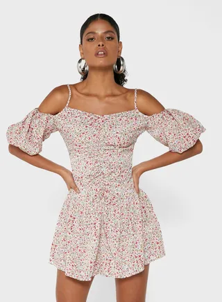 Puff Sleeve Cold Shoulder Skater Dress