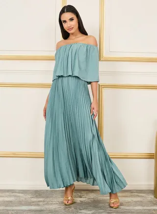 Off Shoulder Pleated A-Line Maxi Dress