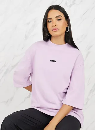 Oversized Patch Detail High Neck Longline T-Shirt with 3/4 Sleeves