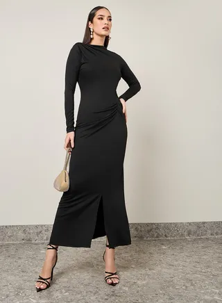 Gathered Front Sheath Midi Dress With Front Split