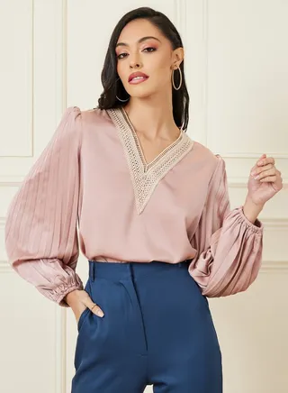 Embroidered Neckline Pleated Sleeve Blouse