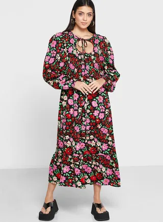 Floral Cut Out Tie Detail Dress