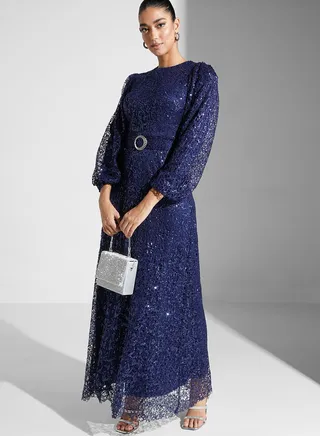 Shimmer Lace Belted Dress