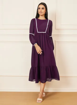 Embroidered Lace Detail A-Line Midi Dress