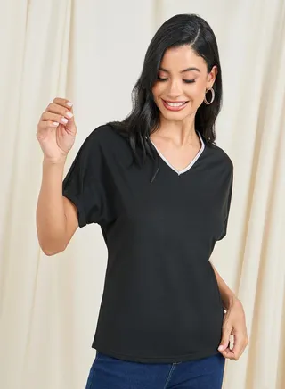 Melange Textured Foil V Neck T-Shirt