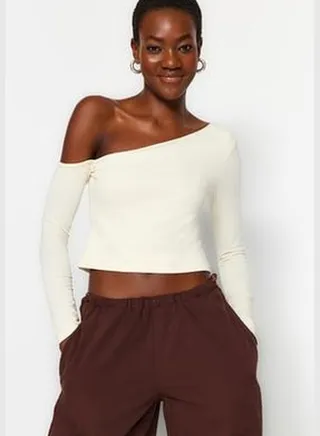 Stone One-Shoulder Cotton Knitted Blouse with an Stretchy Fitted/Simple Crop TWOAW24BZ00099
