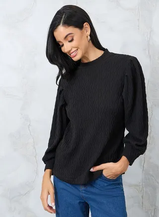 Textured High Neck Volume Sleeve Blouse