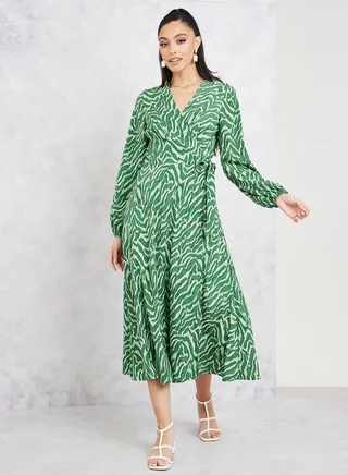 Texture Print Wrap A-Line Midi Dress