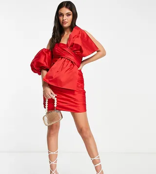 Ever New taffeta one sleeve bow mini dress in red