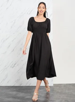 Smocked Waist Puff Sleeves A-Line Midi Dress