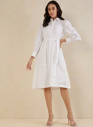 Schiffli Button Down Collared Midi Shirt Dress with Tie Up Belt
