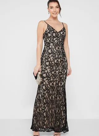 Strappy Lace Trim Front Split Dress