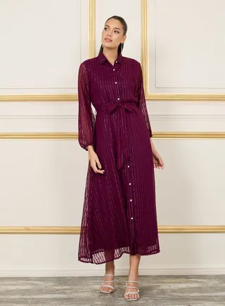 Lurex Striped Self Tie Up Shirt Maxi Dress