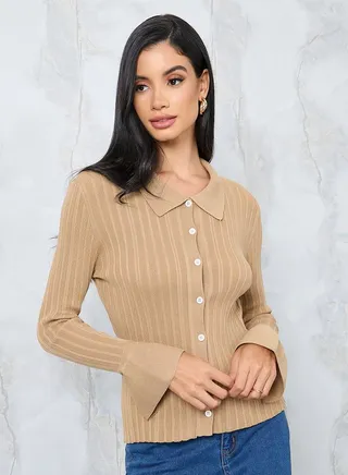 Knitted Collared Neck Fitted Polo T-Shirt