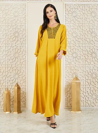 Hand Embroidered Neckline Roll Up Sleeves Jalabiya