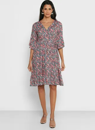 Frill Detail Wrap Printed Dress