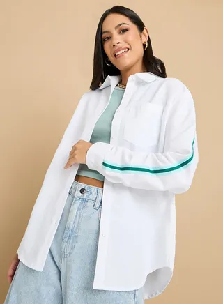 Striped Taping Sleeve Oversized Shirt