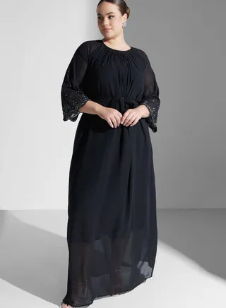 Embellished Sleeve Belted Dress