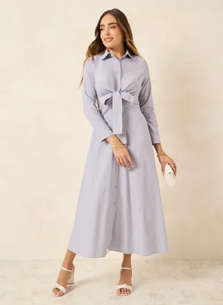 Striped Front Tie Up Shirt Maxi Dress