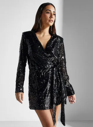 Surplice Neck Tie Detail Sequin Dress