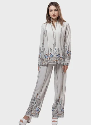 Button Down Patterned Shirt & Pants Set