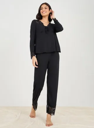 Lace Trim Tie Front Top & Pyjama Set