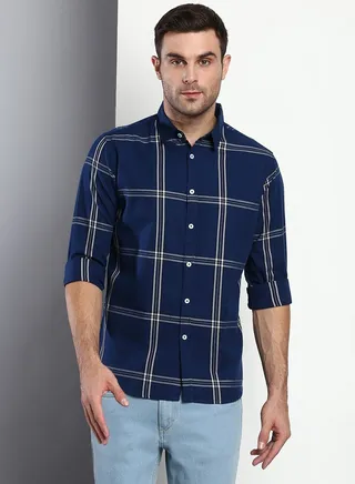 Men's Cotton Checkered Slim Fit Casual Shirt with Pocket, Full Sleeve Shirt for Formal & Casual Wear