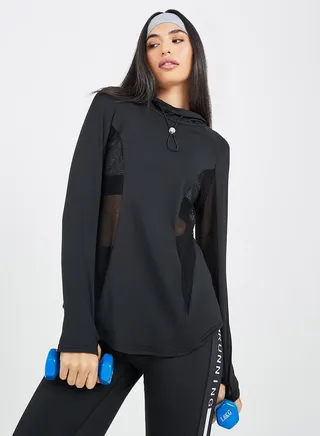 Side To Arm Fishnet Mesh Insert Thumbhole Detail Hooded Top