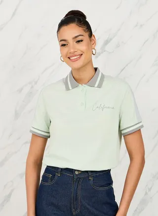 California Print Contrast Ribbed Collar Sleeves Trim Polo T-shirt