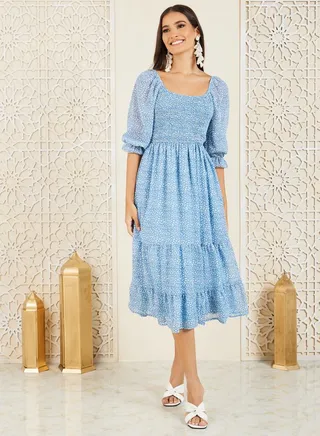 Smocked Detail Ditsy Print Tiered Midi Dress