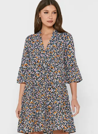 Printed Pleat Detail Dress