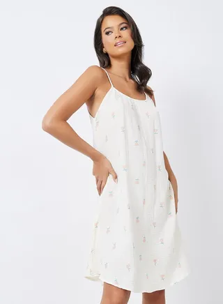 Cotton AOP Tulip Pleat Neck Slip Dress