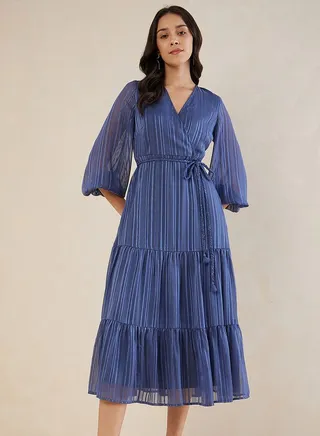 Textured Wrap Midi Dress with Balloon Sleeves