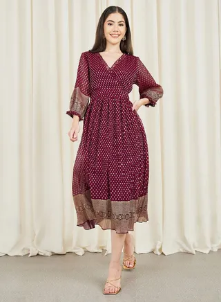AOP Pleated Ruffle Hem A-Line Midi Dress