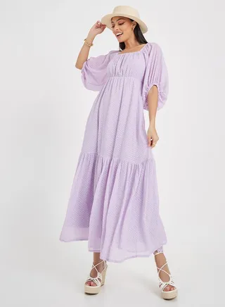Square Neck Dobby Tiered Maxi Dress