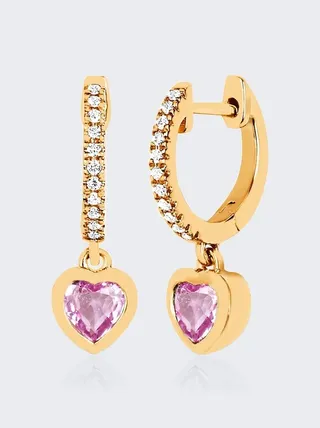 Diamond Mini Huggie Earring with Pink Sapphire Heart Drop 14k Gold