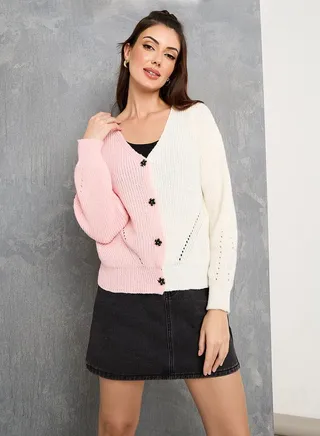 Colorblock Two Tone Buttons Detail Cardigan