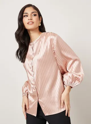 Striped Pattern Volume Sleeve Satin