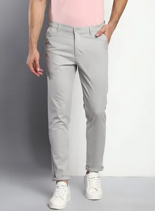 Men's Cotton Solid Casual Trousers, Tapered Fit, Mid Rise, Stretchable Ankle Length Chino Trouser Pant for Men (B101_L-Grey